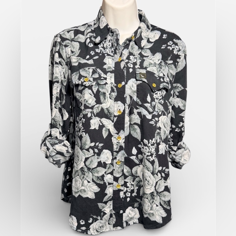 True Religion Slim Western Black and White Floral Women’s Shirt Medium